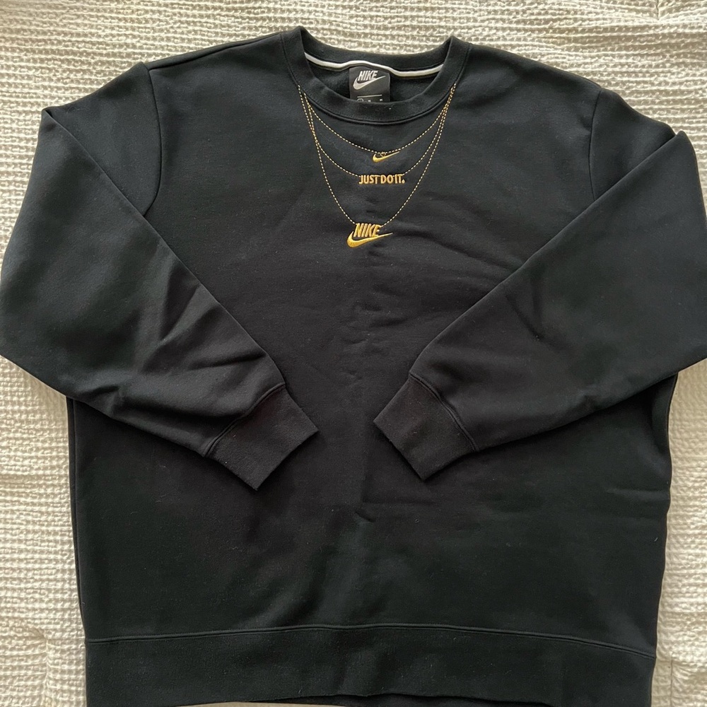 Nike Women's Black Crewneck Sweater with Gold Chain embroidered Logo